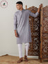 Vastramay Men's Grey cotton Jacquard Kurta With White Pant Set