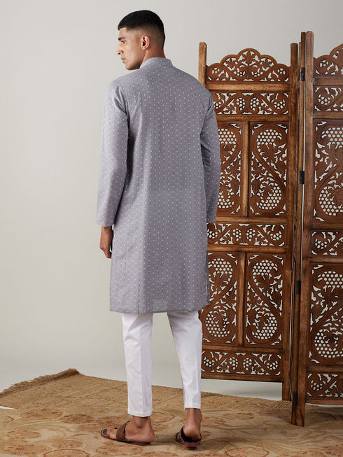 Vastramay Men's Grey cotton Jacquard Kurta With White Pant Set