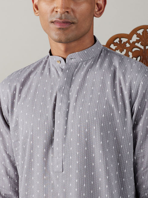 Vastramay Men's Grey cotton Jacquard Kurta With White Pant Set