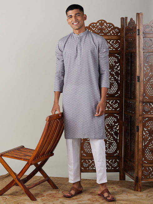 Vastramay Men's Grey cotton Jacquard Kurta With White Pant Set