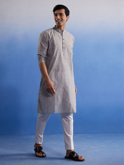 Vastramay Men's Grey And White Pure Cotton Kurta Pyjama Set