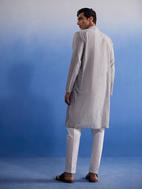 Vastramay Men's Grey And White Pure Cotton Kurta Pyjama Set