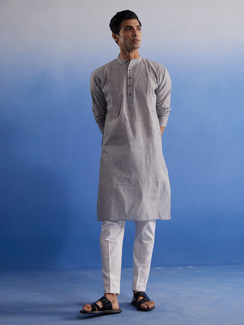 Vastramay Men's Grey And White Pure Cotton Kurta Pyjama Set