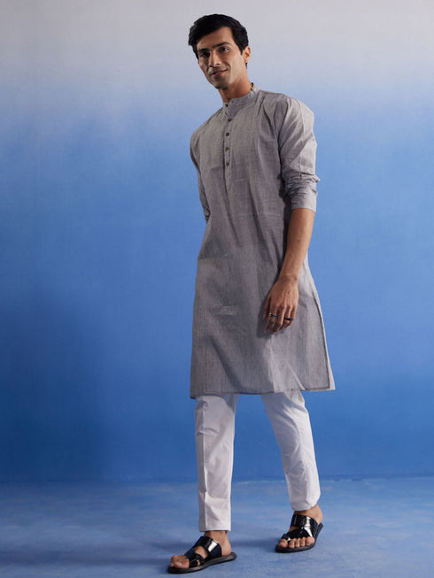 Vastramay Men's Grey And White Pure Cotton Kurta Pyjama Set