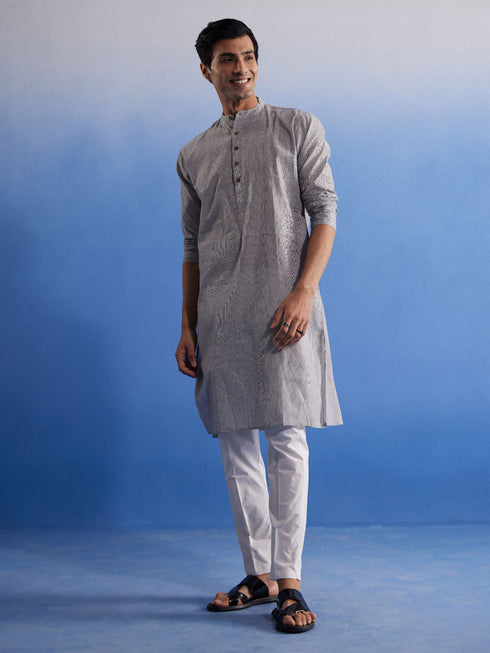 Vastramay Men's Grey And White Pure Cotton Kurta Pyjama Set