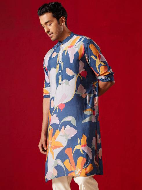 Vastramay Men's Multicolor Base Blue cotton Printed Kurta