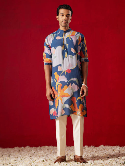 Vastramay Men's Multicolor Base Blue cotton Printed Kurta