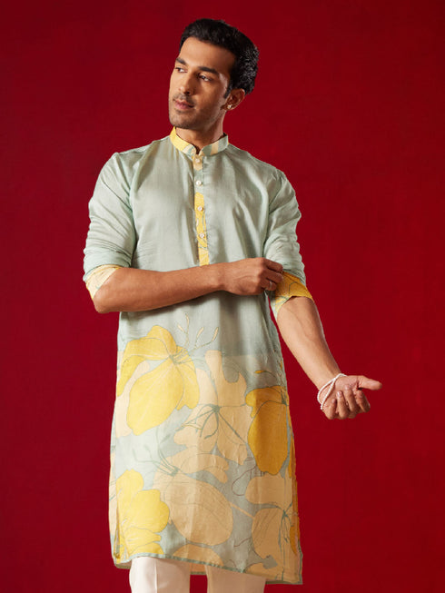 Vastramay Men's Multicolor Base Yellow cotton Printed Kurta