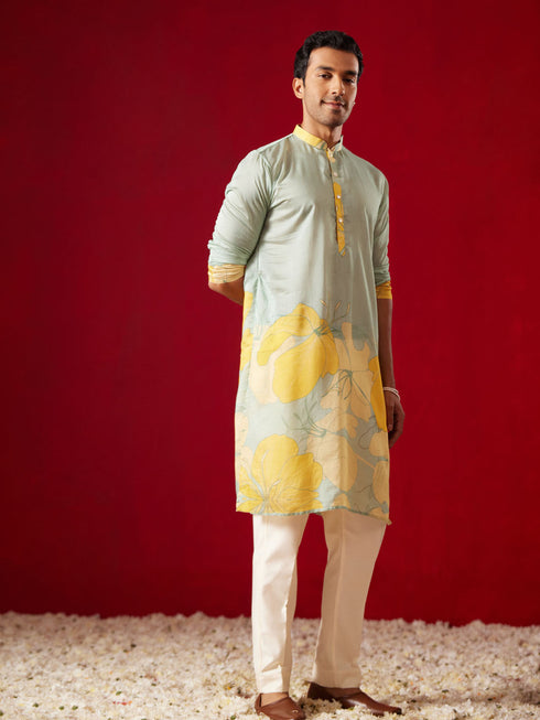 Vastramay Men's Multicolor Base Yellow cotton Printed Kurta