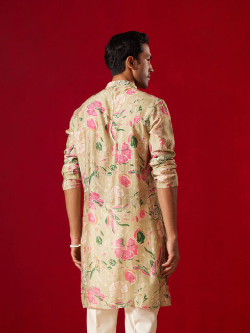 Vastramay Men's Multicolor Base Beige cotton Printed Kurta