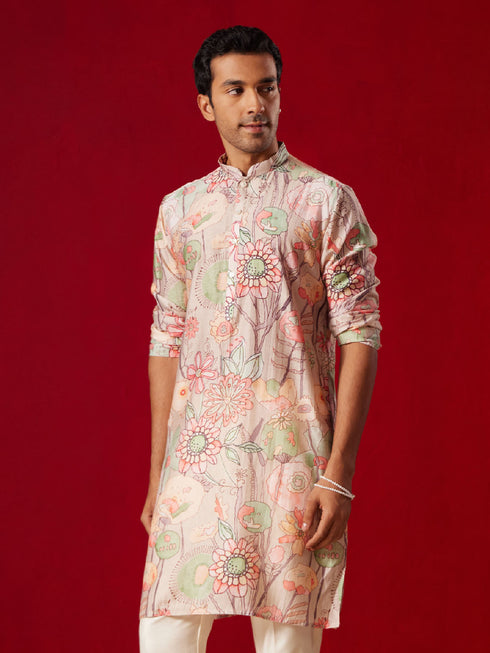 Vastramay Men's Multicolor Base Peach cotton Printed Kurta