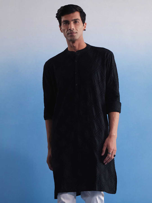 Vastramay Men's Black Hakooba Cotton Kurta