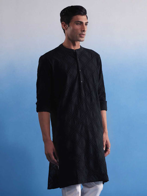 Vastramay Men's Black Hakooba Cotton Kurta