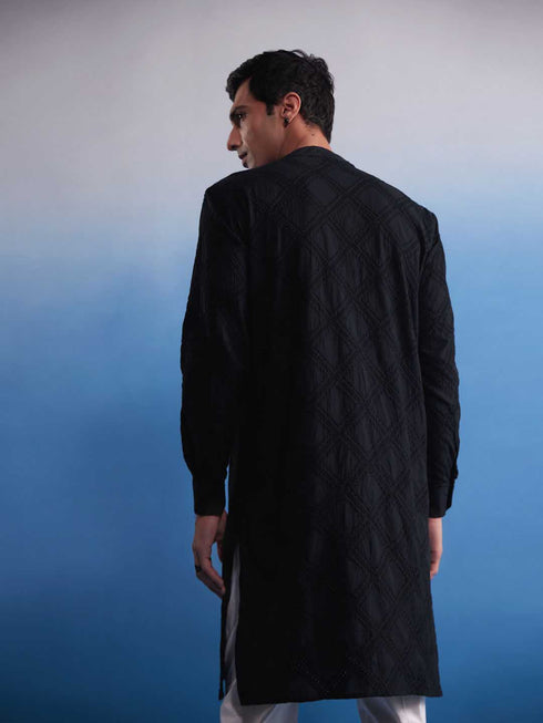 Vastramay Men's Black Hakooba Cotton Kurta