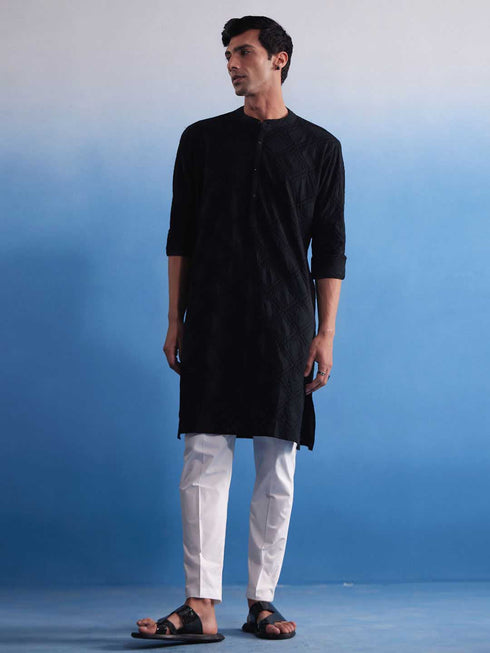 Vastramay Men's Black Hakooba Cotton Kurta