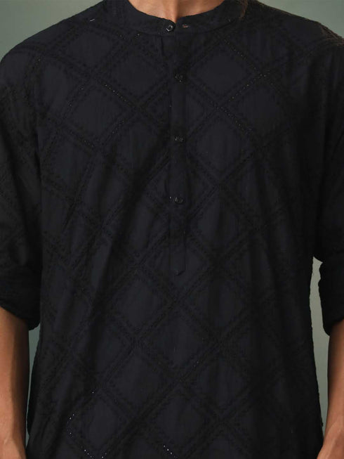 Vastramay Men's Black Hakooba Cotton Kurta With White Pant