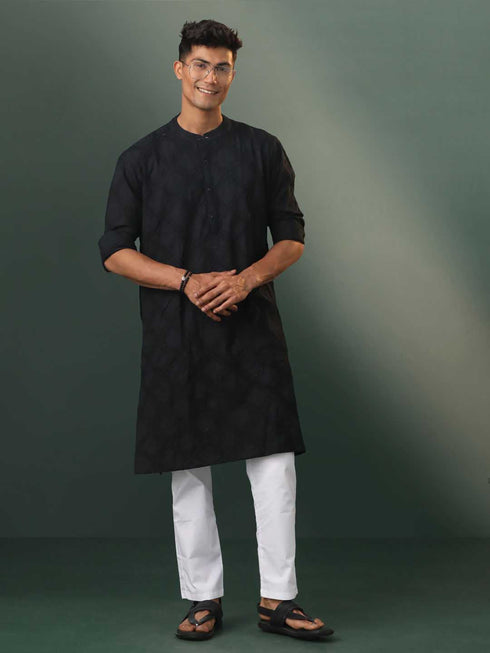 Vastramay Men's Black Hakooba Cotton Kurta With White Pant