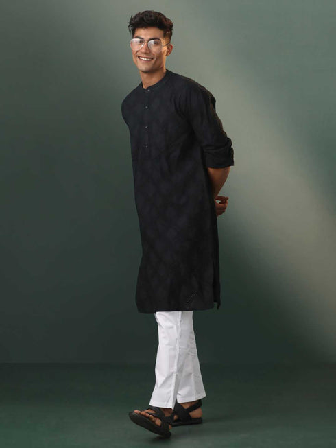 Vastramay Men's Black Hakooba Cotton Kurta With White Pant