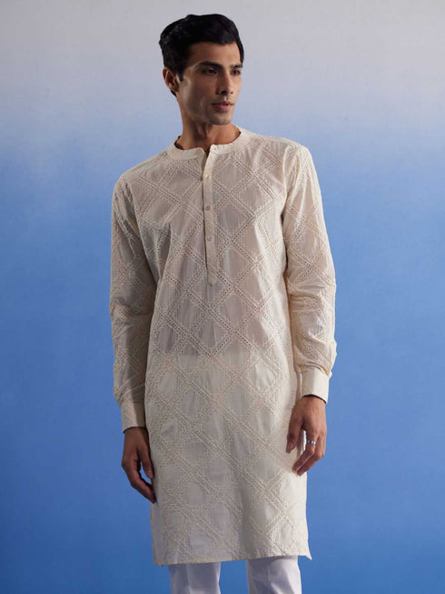 Vastramay Men's Cream Hakooba Cotton Kurta