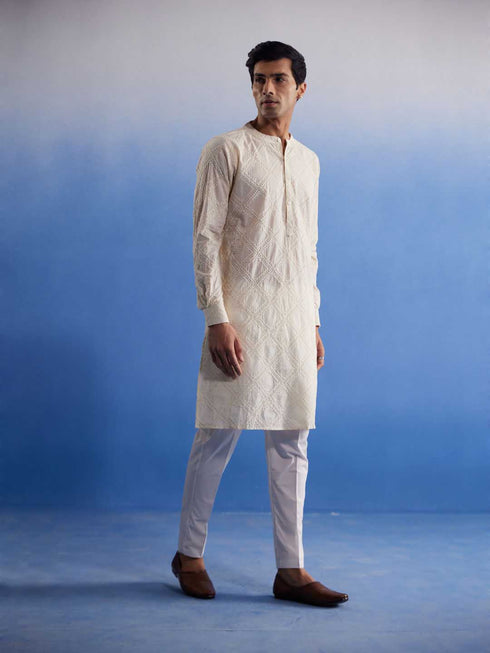 Vastramay Men's Cream Hakooba Cotton Kurta