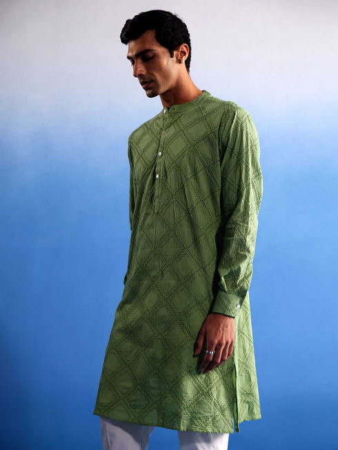 Vastramay Men's Green Hakooba Cotton Kurta