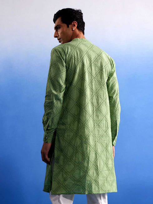 Vastramay Men's Green Hakooba Cotton Kurta
