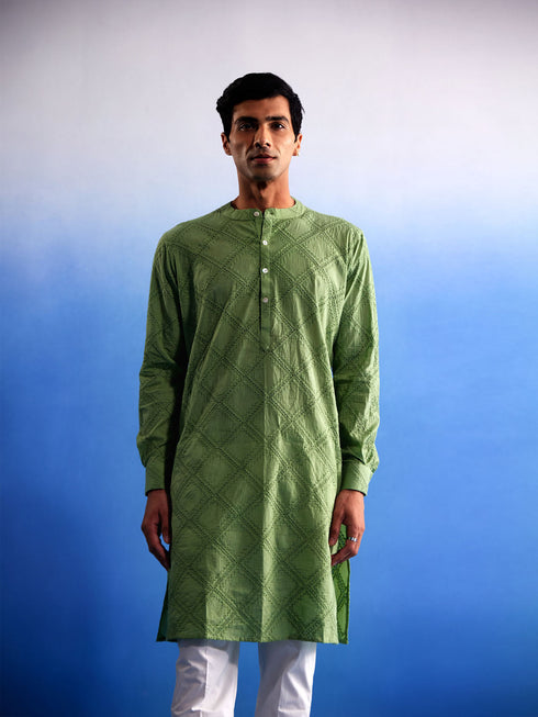 Vastramay Men's Green Hakooba Cotton Kurta With White Pant