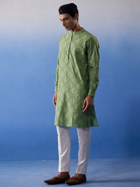 Vastramay Men's Green Hakooba Cotton Kurta With White Pant