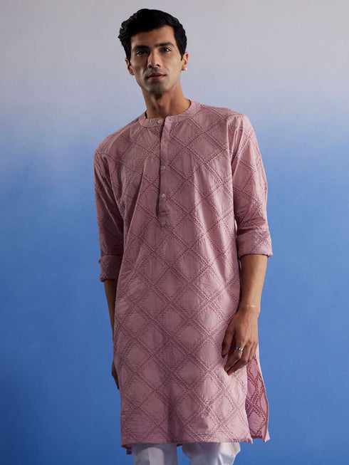 Vastramay Men's Pink Hakooba Cotton Kurta