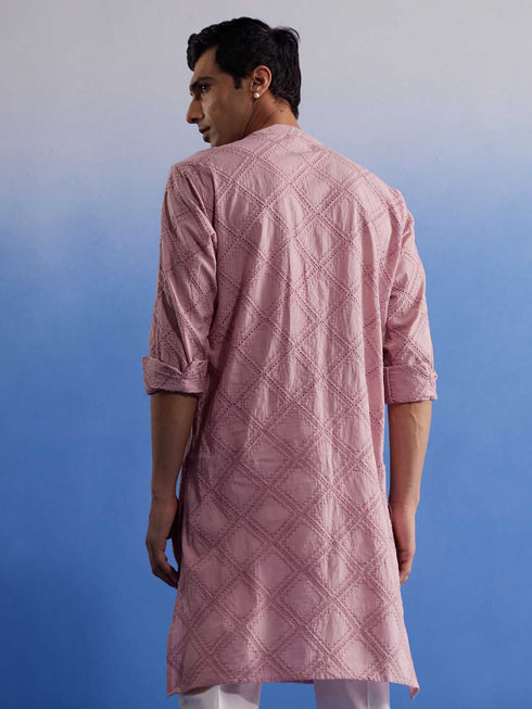 Vastramay Men's Pink Hakooba Cotton Kurta