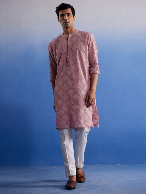 Vastramay Men's Pink Hakooba Cotton Kurta With White Pant