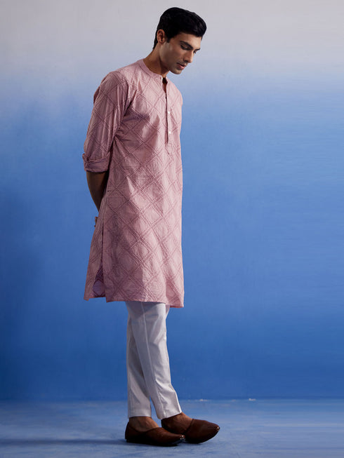 Vastramay Men's Pink Hakooba Cotton Kurta With White Pant