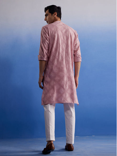 Vastramay Men's Pink Hakooba Cotton Kurta With White Pant