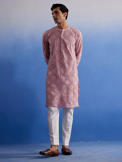 Vastramay Men's Pink Hakooba Cotton Kurta With White Pant