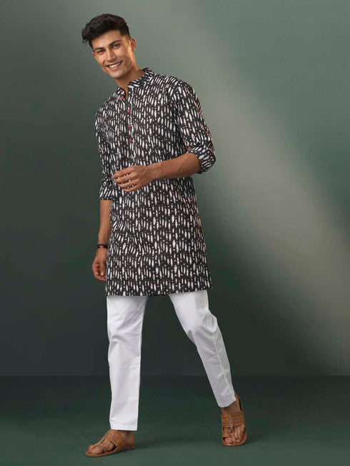 Vastramay Men's Black Jacquard Cotton Kurta Pyjama Set