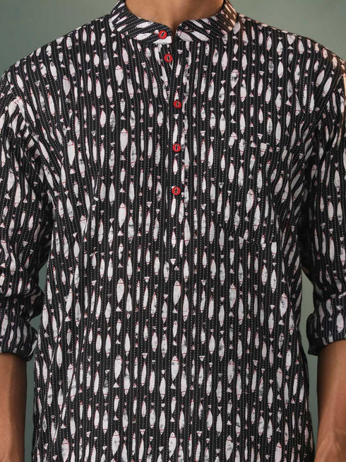 Vastramay Men's Black Jacquard Cotton Kurta Pyjama Set
