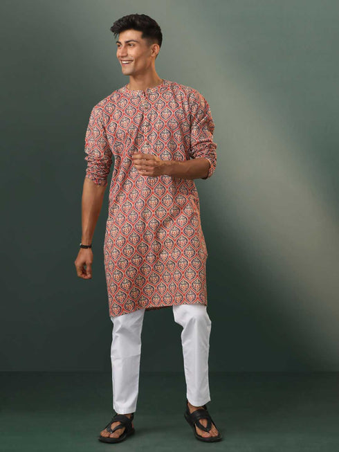 Vastramay Men's Multi Color Base Red Kantha With Printed Kurta Pyjama Set