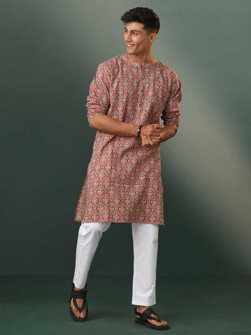 Vastramay Men's Multi Color Base Red Kantha With Printed Kurta Pyjama Set