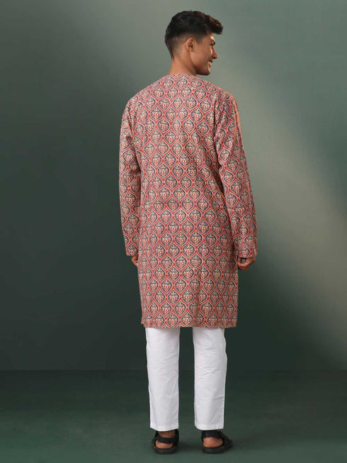 Vastramay Men's Multi Color Base Red Kantha With Printed Kurta Pyjama Set