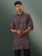 Vastramay Men's Multi Color Base Black Ajrakh Print Cotton Kurta