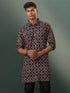 Vastramay Men's Multi Color Base Black Ajrakh Print Cotton Kurta