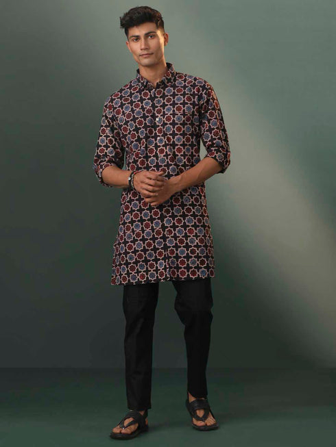 Vastramay Men's Multi Color Base Black Ajrakh Printed Cotton Kurta Pyjama Set