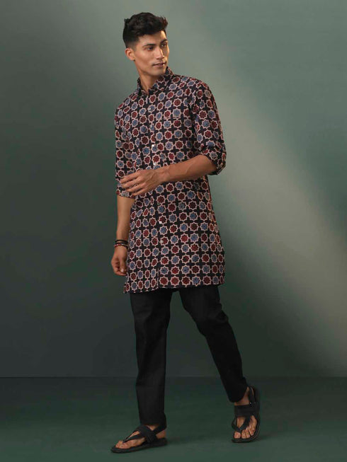 Vastramay Mens Multi Color Base Black Ajrakh Printed Cotton Kurta Pyjama Set