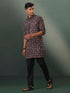Vastramay Mens Multi Color Base Black Ajrakh Printed Cotton Kurta Pyjama Set