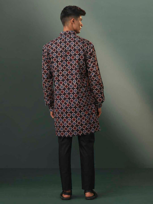 Vastramay Mens Multi Color Base Black Ajrakh Printed Cotton Kurta Pyjama Set
