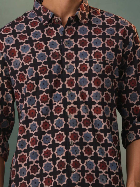 Vastramay Mens Multi Color Base Black Ajrakh Printed Cotton Kurta Pyjama Set