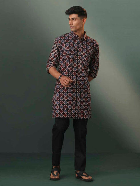 Vastramay Mens Multi Color Base Black Ajrakh Printed Cotton Kurta Pyjama Set