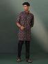 Vastramay Mens Multi Color Base Black Ajrakh Printed Cotton Kurta Pyjama Set