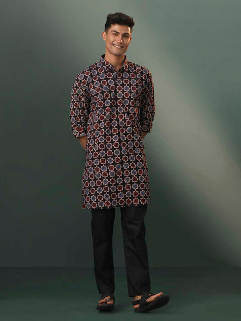 Vastramay Mens Multi Color Base Black Ajrakh Printed Cotton Kurta Pyjama Set