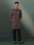 Vastramay Mens Multi Color Base Black Ajrakh Printed Cotton Kurta Pyjama Set
